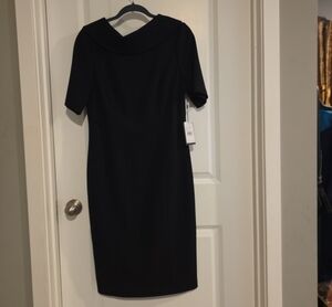 Adrianna Papell Black Midi Dress with Wide Folded Collar